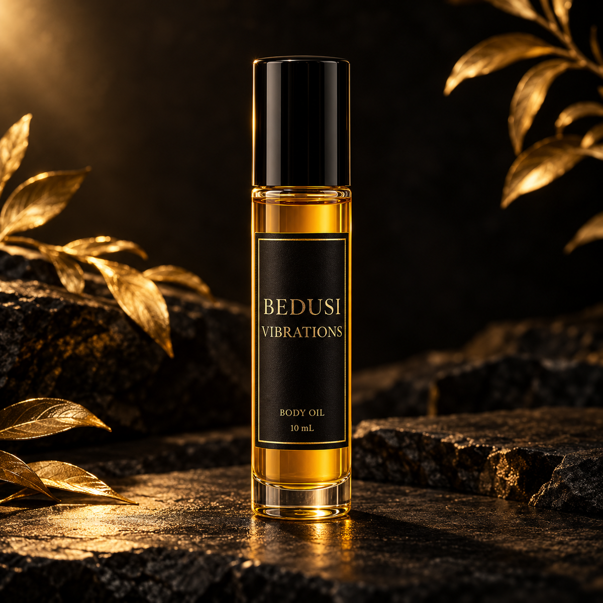 BEDUSI VIBRATIONS 10 mL body oil roll-on in black and gold packaging